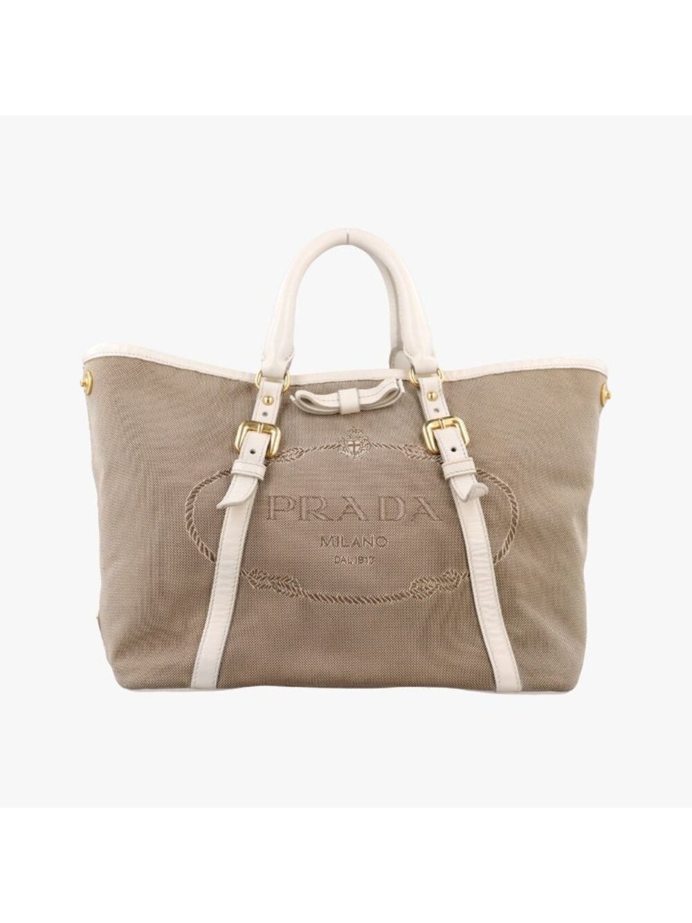 Prada Canapa Logo Ribbon Khaki White Canvas Leather